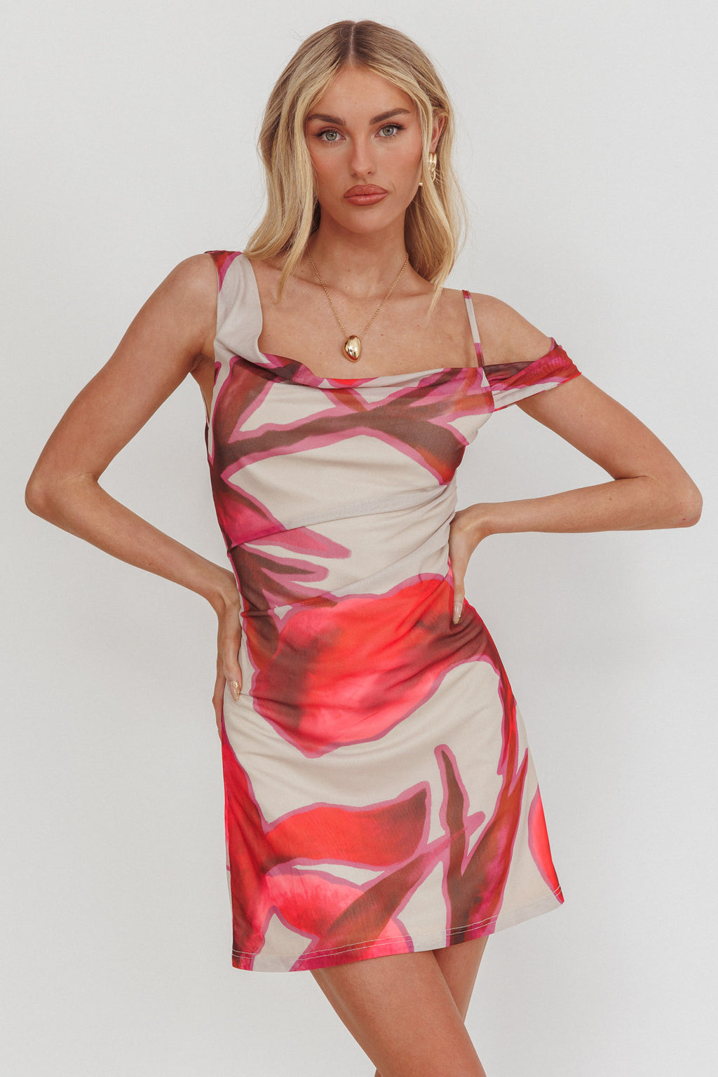 Riders Asymmetric Neckline Mini Dress Print Beige by Selfie Leslie Australia