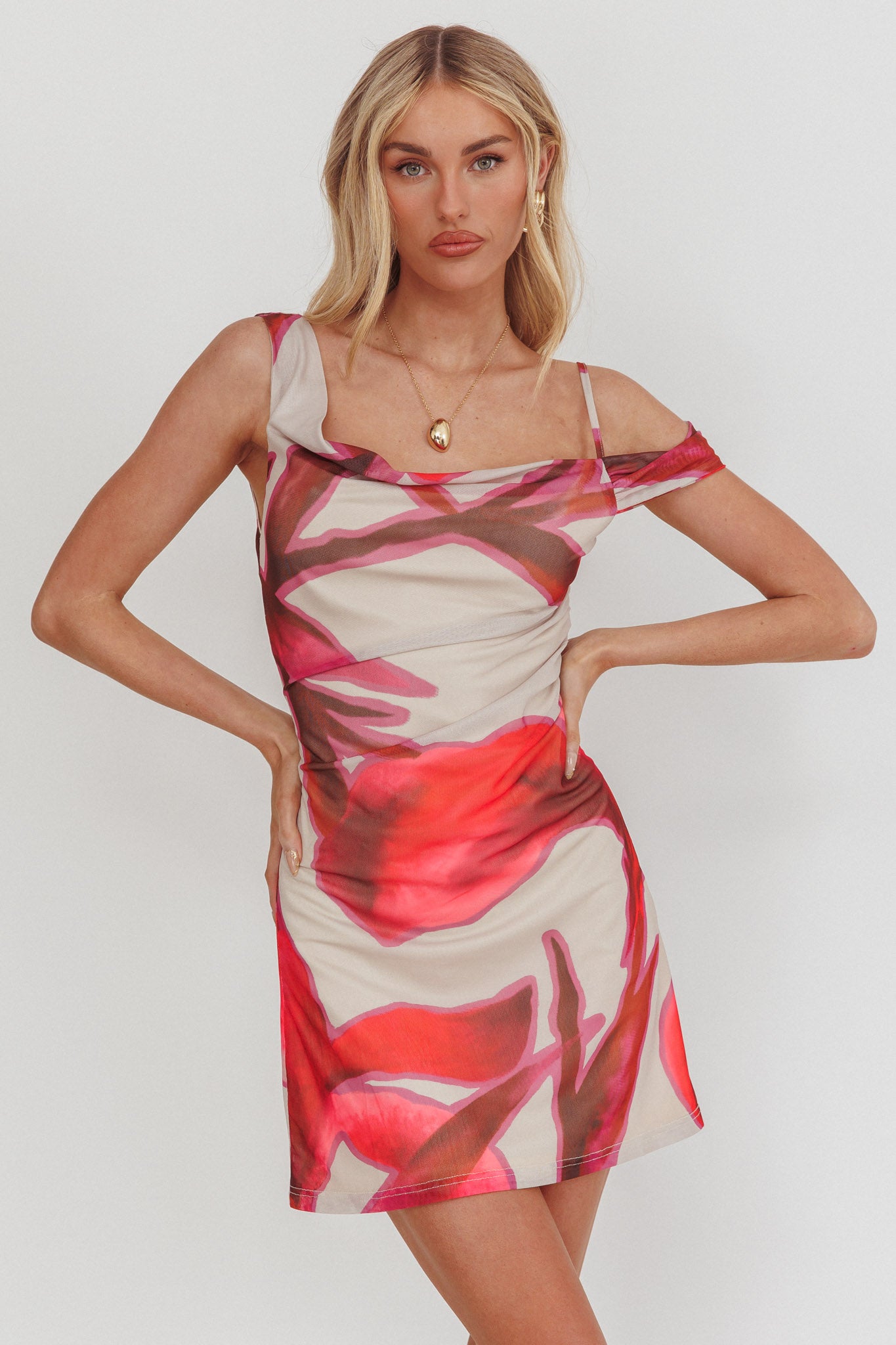 Riders Asymmetric Neckline Mini Dress Print Beige by Selfie Leslie Australia
