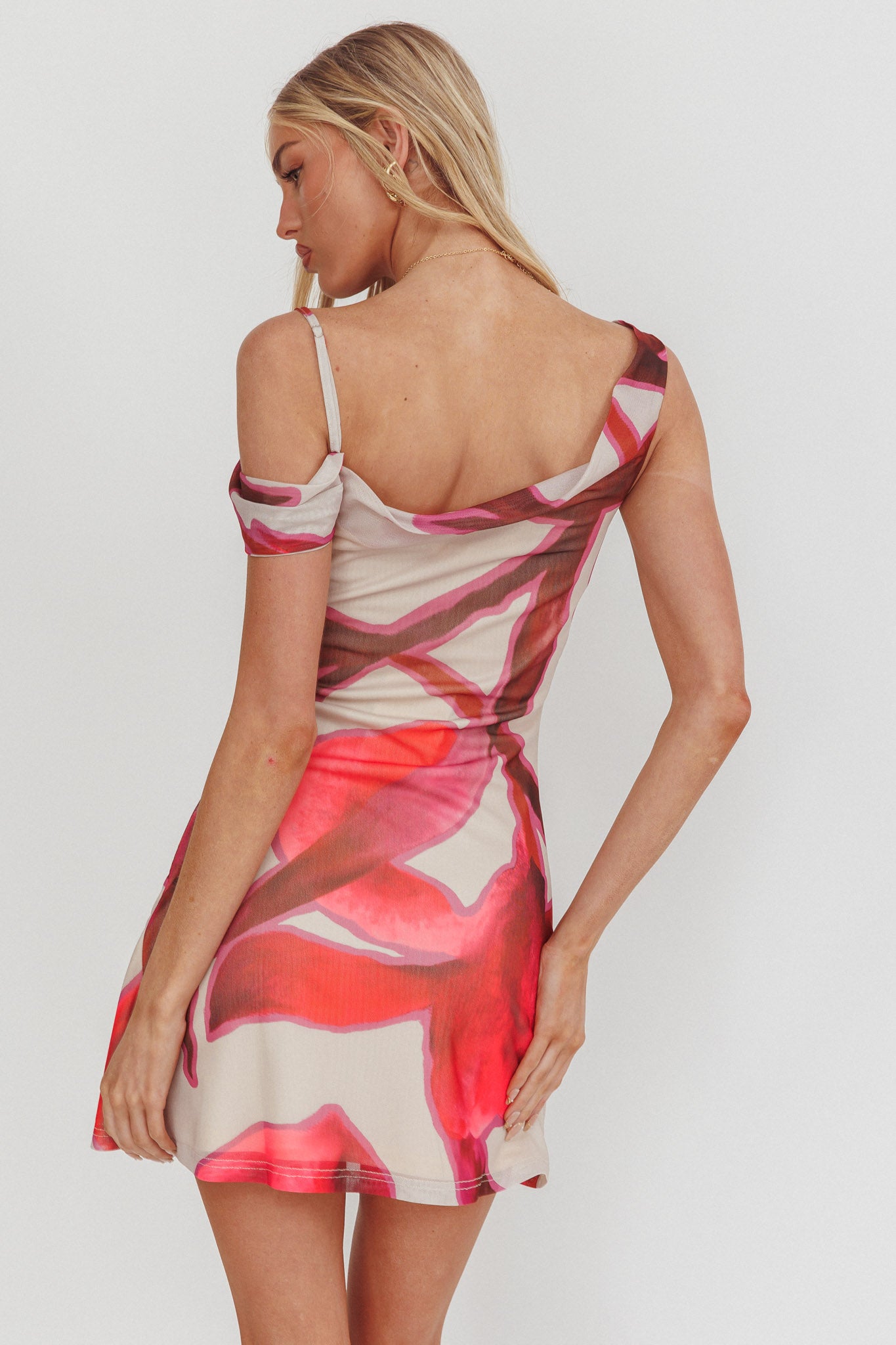 Riders Asymmetric Neckline Mini Dress Print Beige by Selfie Leslie Australia