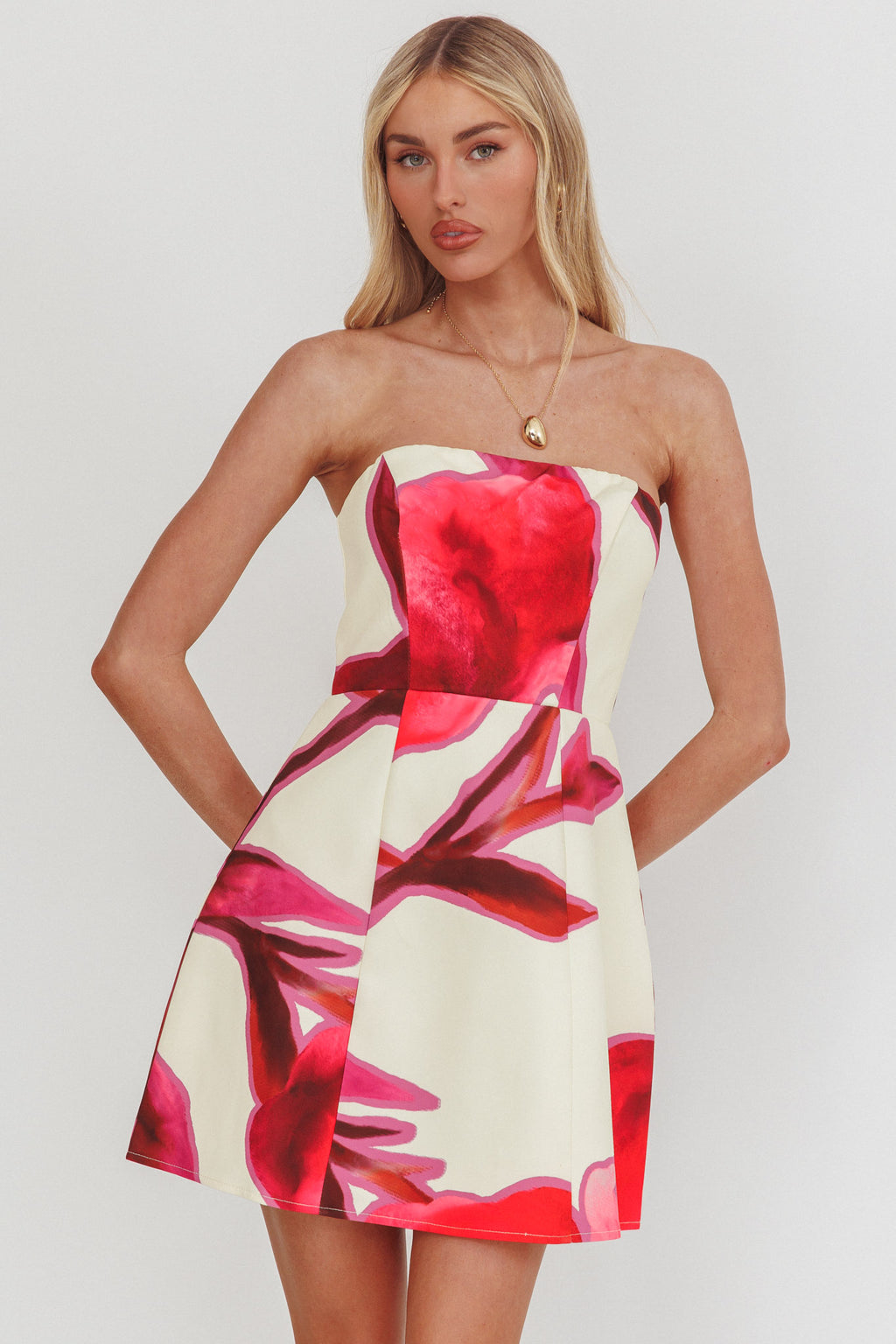 City Central Strapless A-Line Mini Dress Print Beige by Selfie Leslie Australia