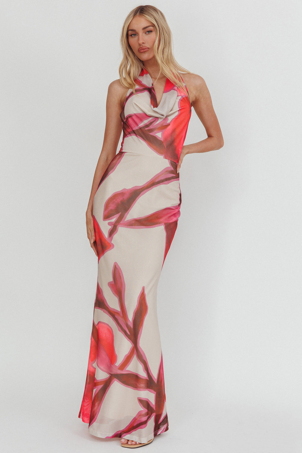 Outlier Cowl Halterneck Maxi Dress Print Beige by Selfie Leslie Australia