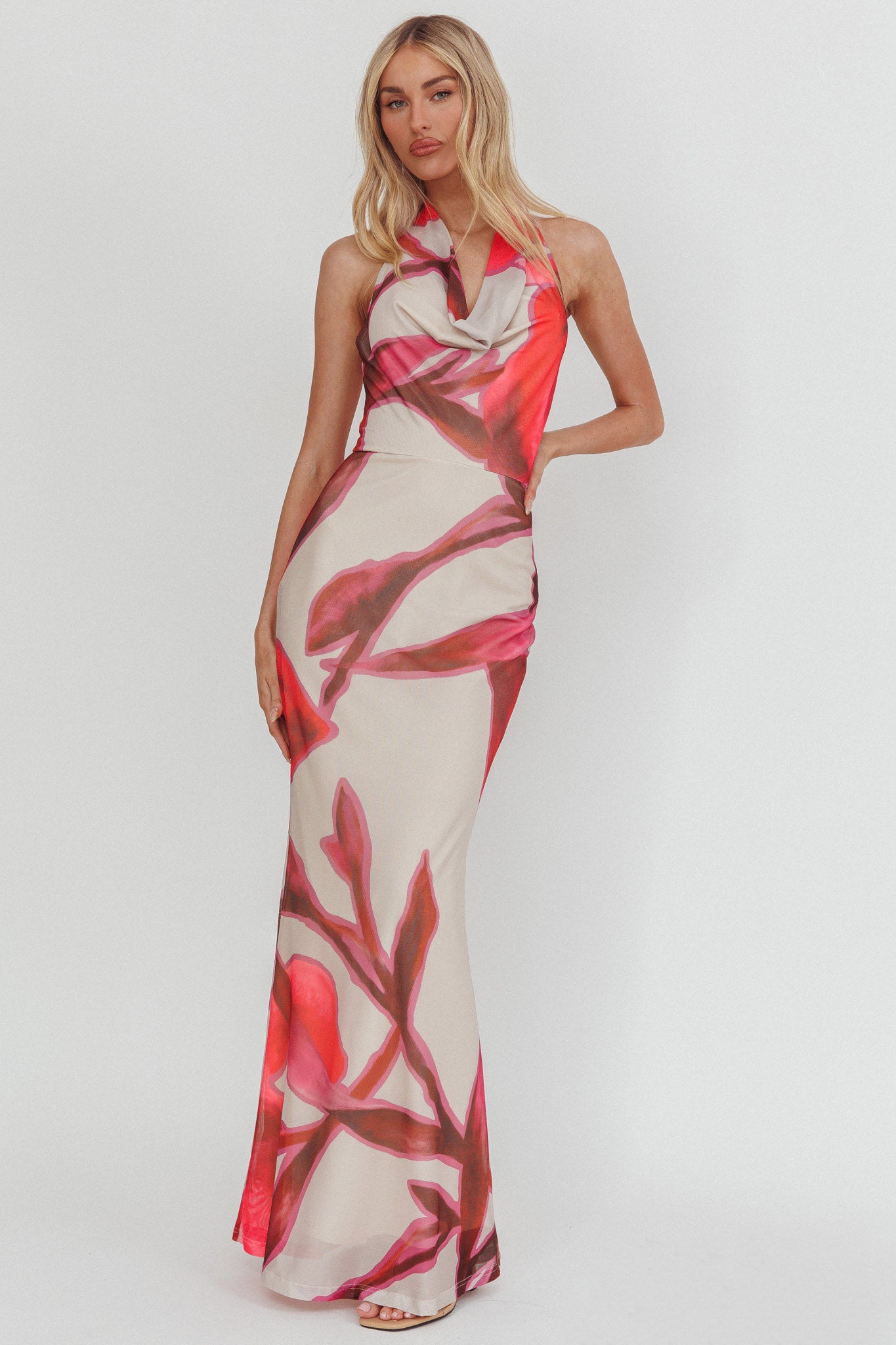 Outlier Cowl Halterneck Maxi Dress Print Beige by Selfie Leslie Australia