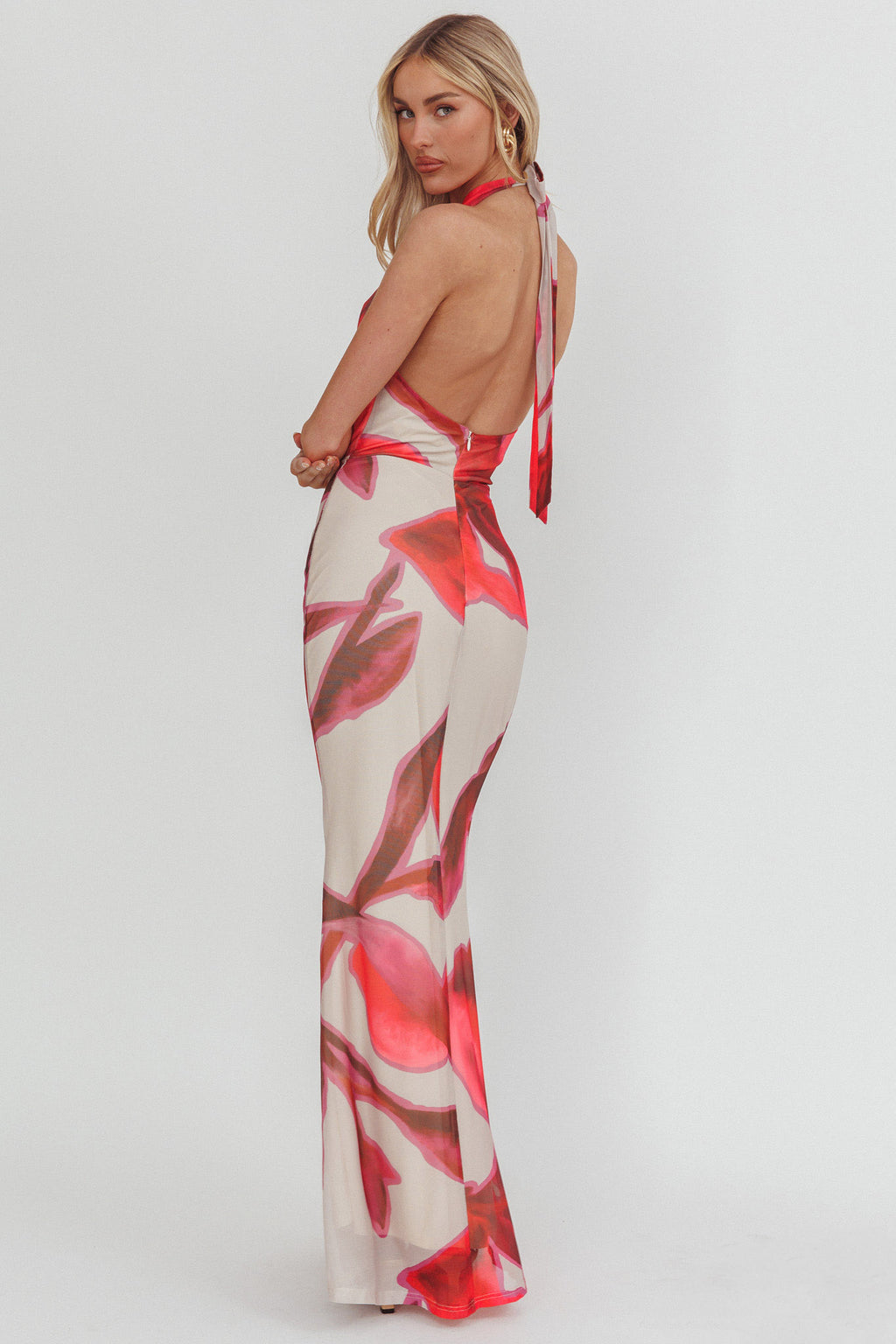 Outlier Cowl Halterneck Maxi Dress Print Beige by Selfie Leslie Australia
