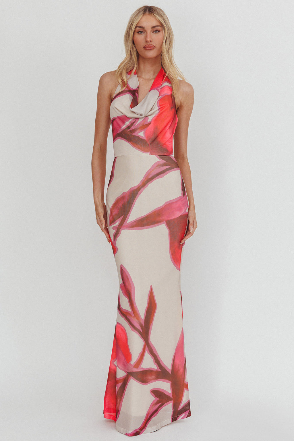 Outlier Cowl Halterneck Maxi Dress Print Beige by Selfie Leslie Australia
