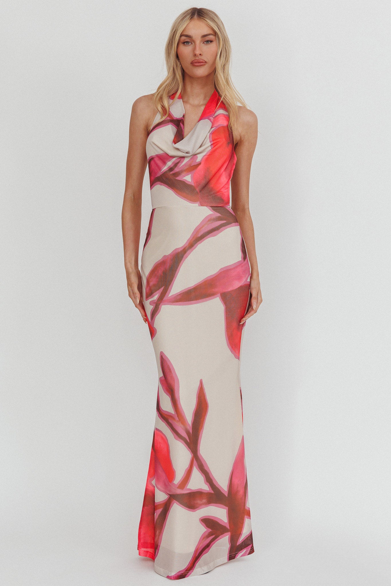 Outlier Cowl Halterneck Maxi Dress Print Beige by Selfie Leslie Australia