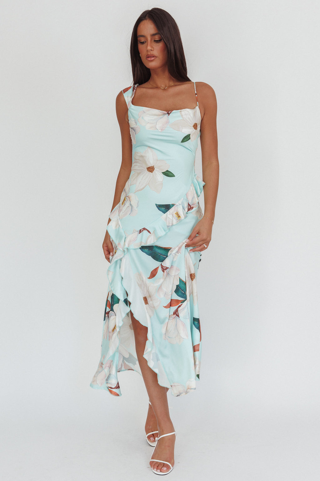 Sunshine Eternity Asymmetric Neckline Ruffle Maxi Dress Floral Mint by Selfie Leslie Australia
