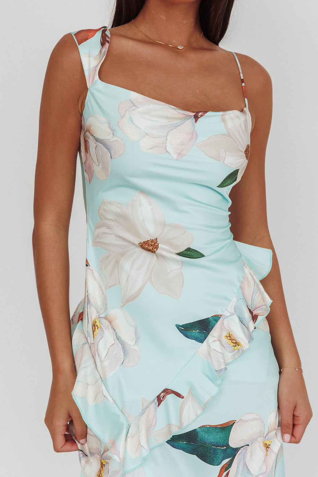 Sunshine Eternity Asymmetric Neckline Ruffle Maxi Dress Floral Mint by Selfie Leslie Australia