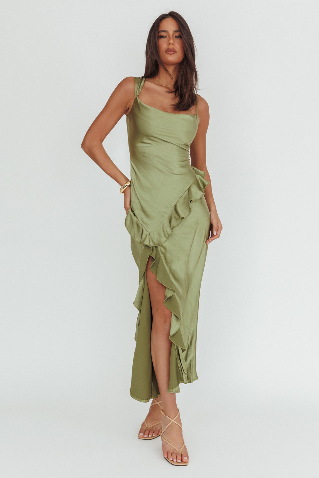 Sunshine Eternity Asymmetric Neckline Ruffle Maxi Dress Olive by Selfie Leslie Australia
