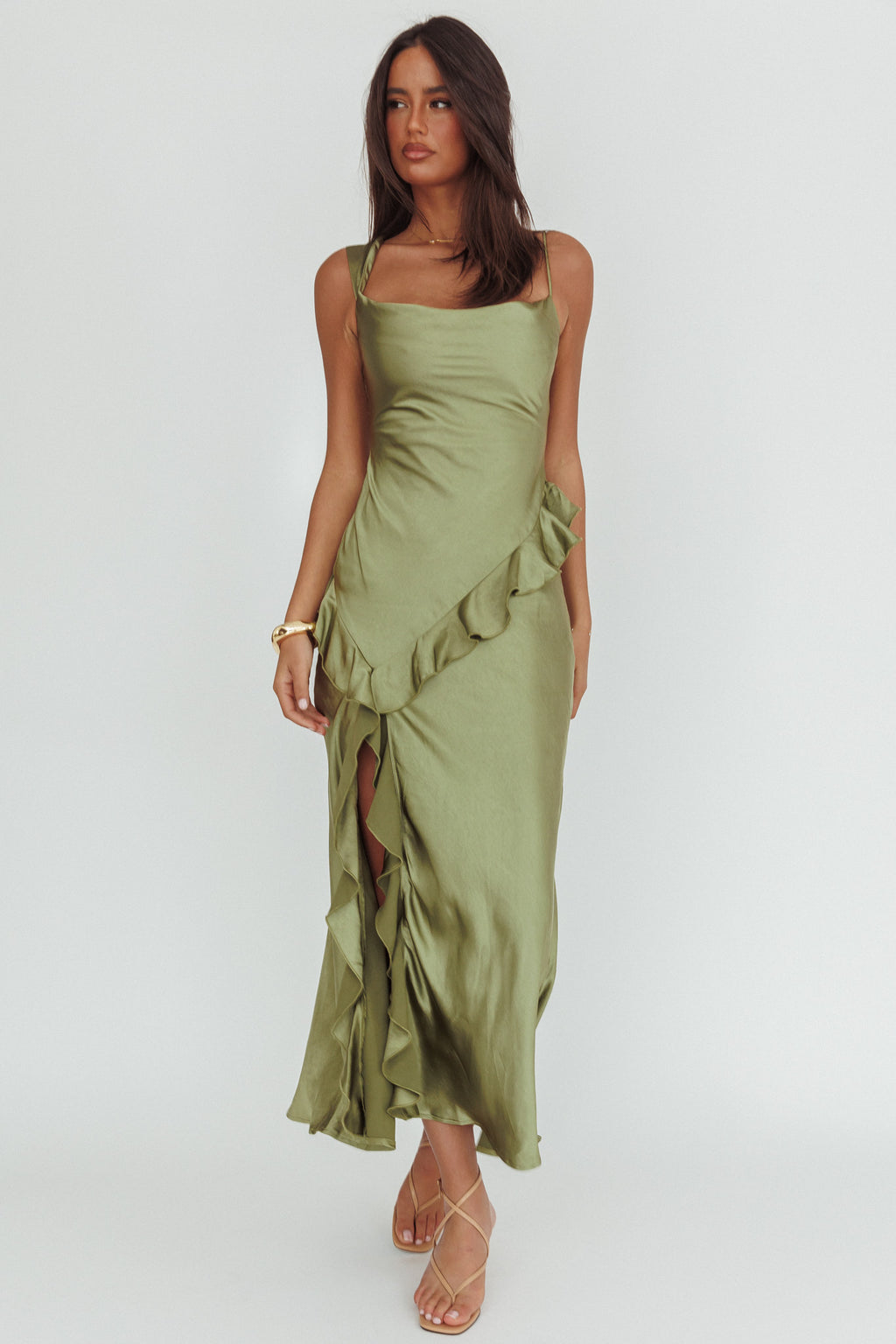 Sunshine Eternity Asymmetric Neckline Ruffle Maxi Dress Olive by Selfie Leslie Australia