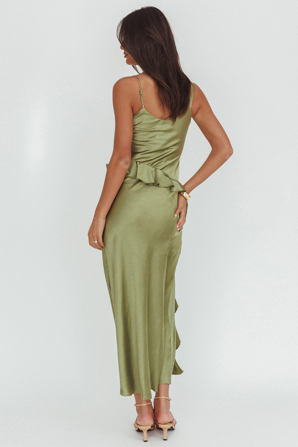 Sunshine Eternity Asymmetric Neckline Ruffle Maxi Dress Olive by Selfie Leslie Australia