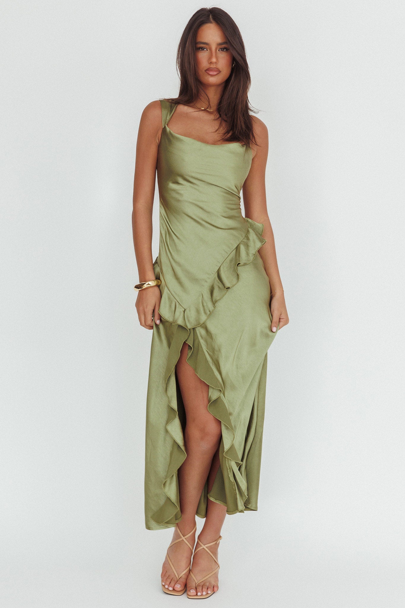 Sunshine Eternity Asymmetric Neckline Ruffle Maxi Dress Olive by Selfie Leslie Australia