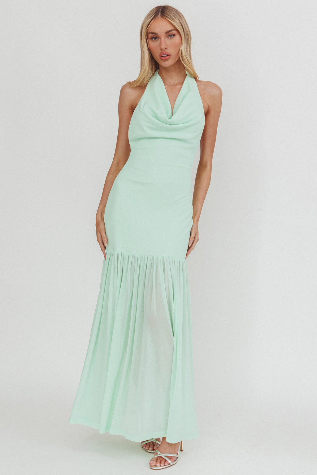 Kailyn Cowl Neck Sheer Hem Maxi Dress Mint by Selfie Leslie Australia