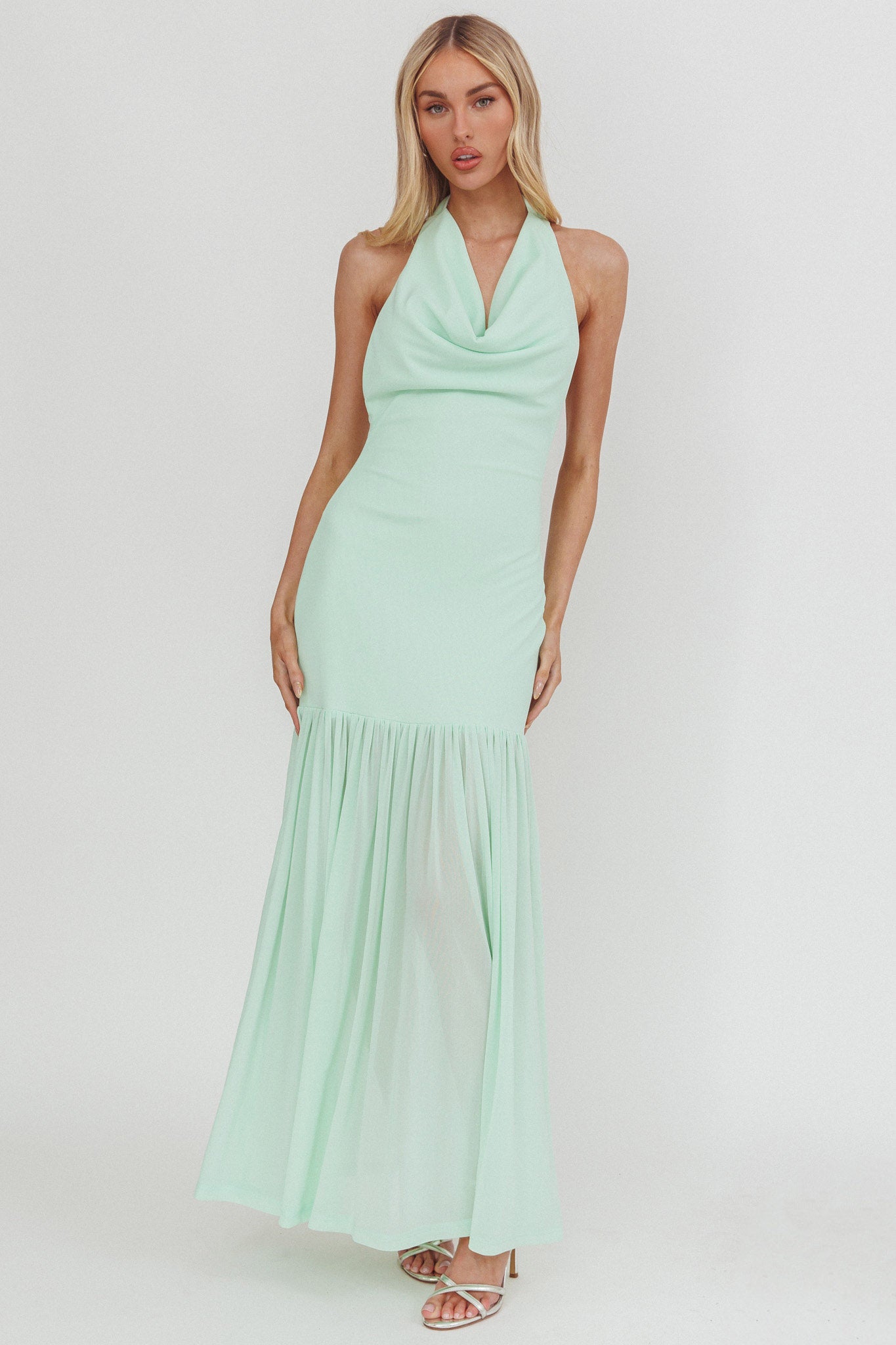 Kailyn Cowl Neck Sheer Hem Maxi Dress Mint by Selfie Leslie Australia