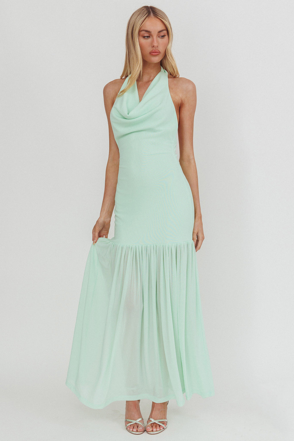 Kailyn Cowl Neck Sheer Hem Maxi Dress Mint by Selfie Leslie Australia