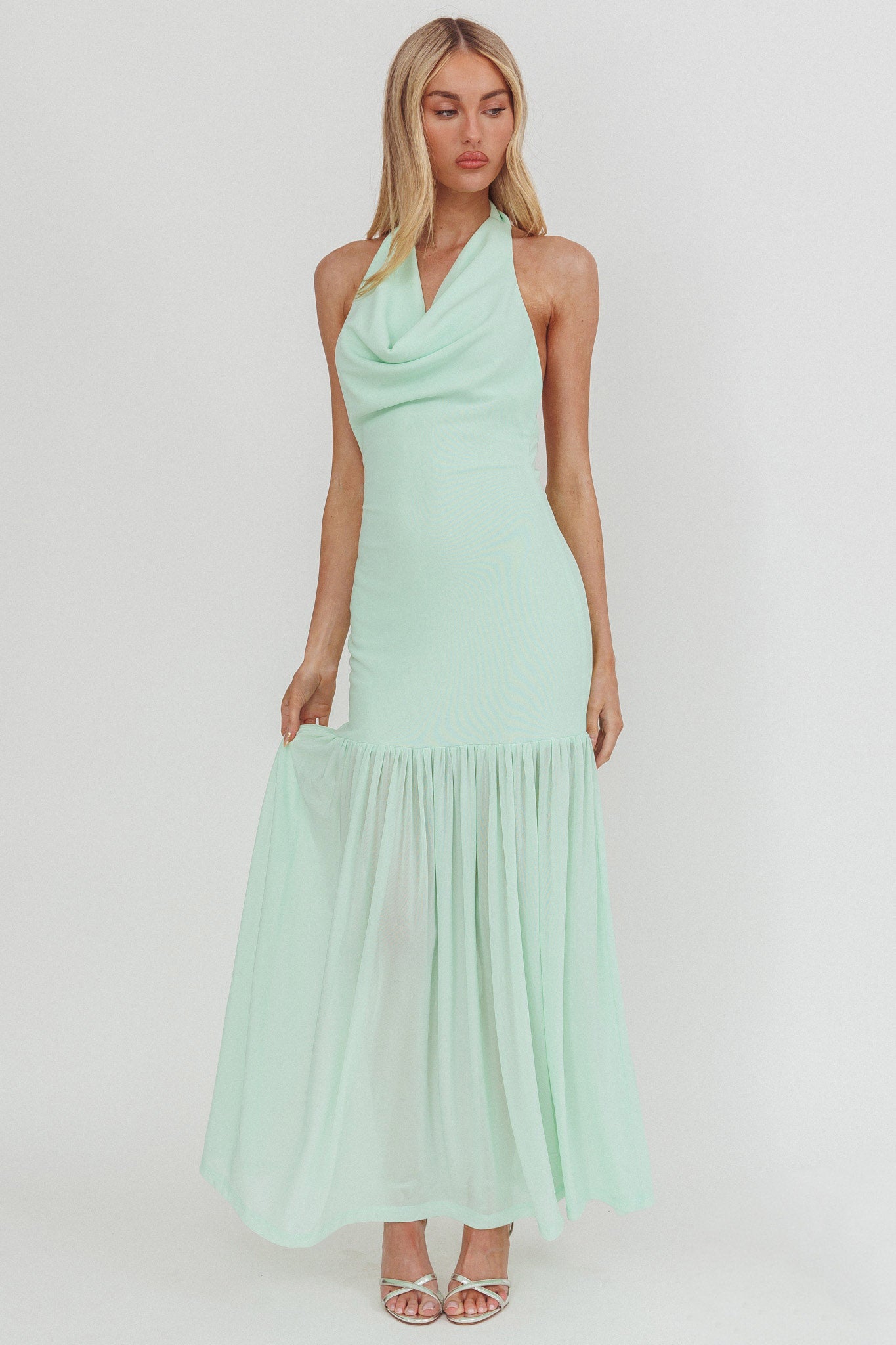 Kailyn Cowl Neck Sheer Hem Maxi Dress Mint by Selfie Leslie Australia