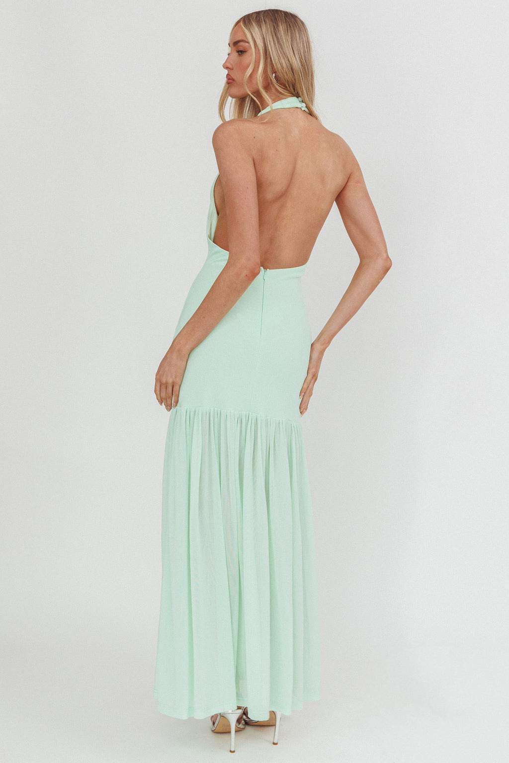 Kailyn Cowl Neck Sheer Hem Maxi Dress Mint by Selfie Leslie Australia