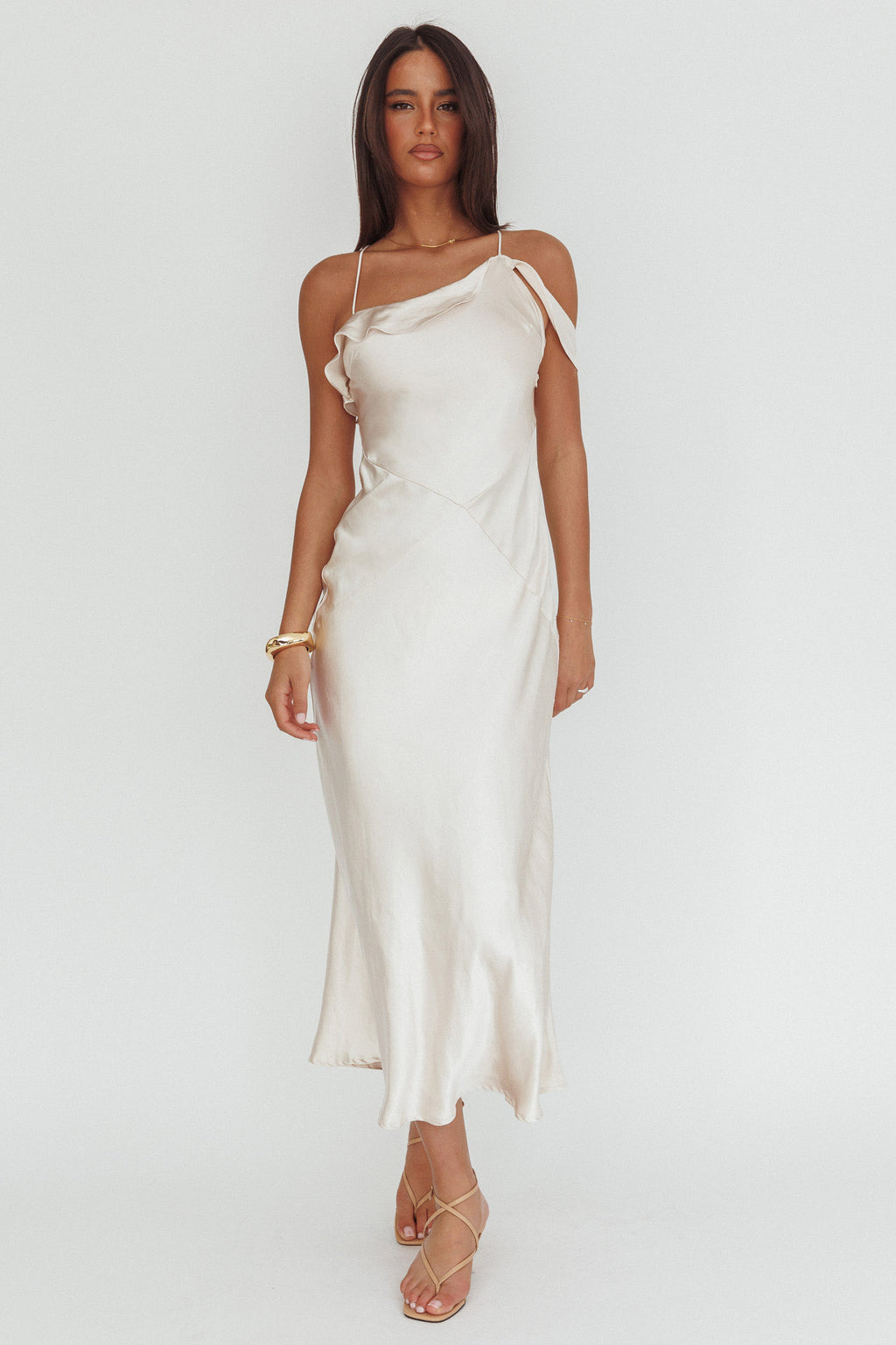 Lexington Draped Shoulder Criss-Cross Back Maxi Dress Oyster by Selfie Leslie Australia