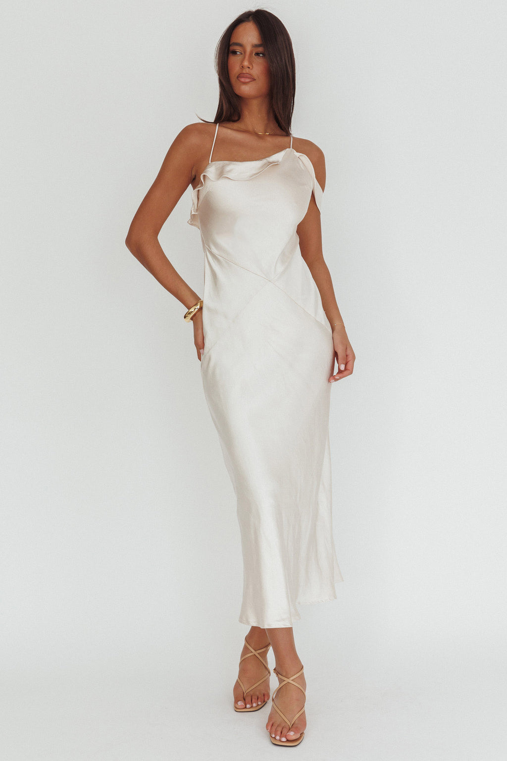 Lexington Draped Shoulder Criss-Cross Back Maxi Dress Oyster by Selfie Leslie Australia