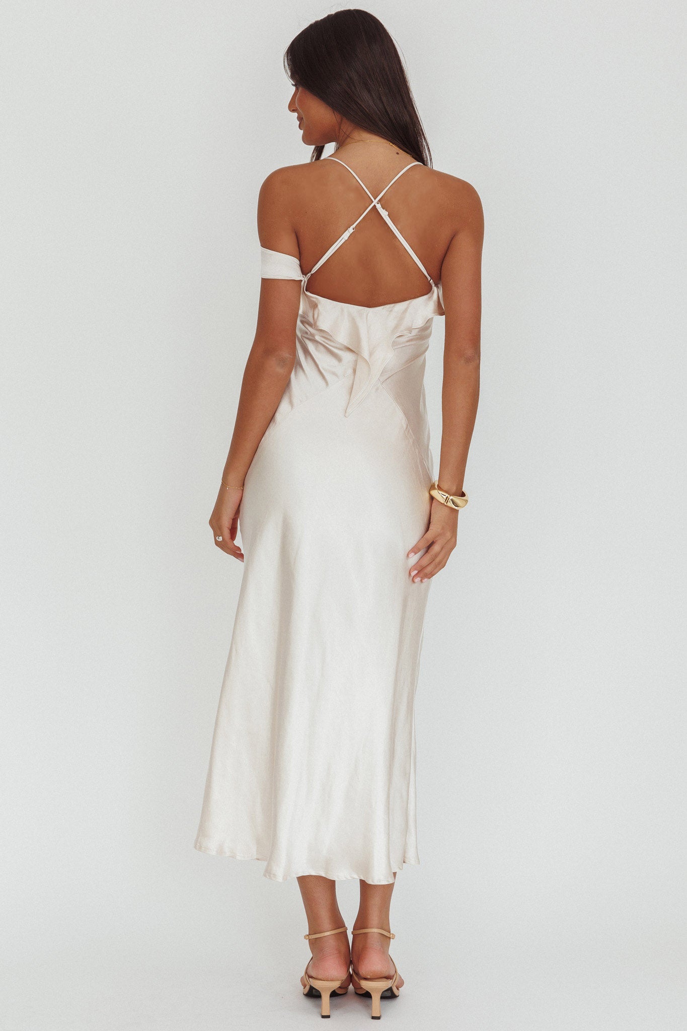 Lexington Draped Shoulder Criss-Cross Back Maxi Dress Oyster by Selfie Leslie Australia