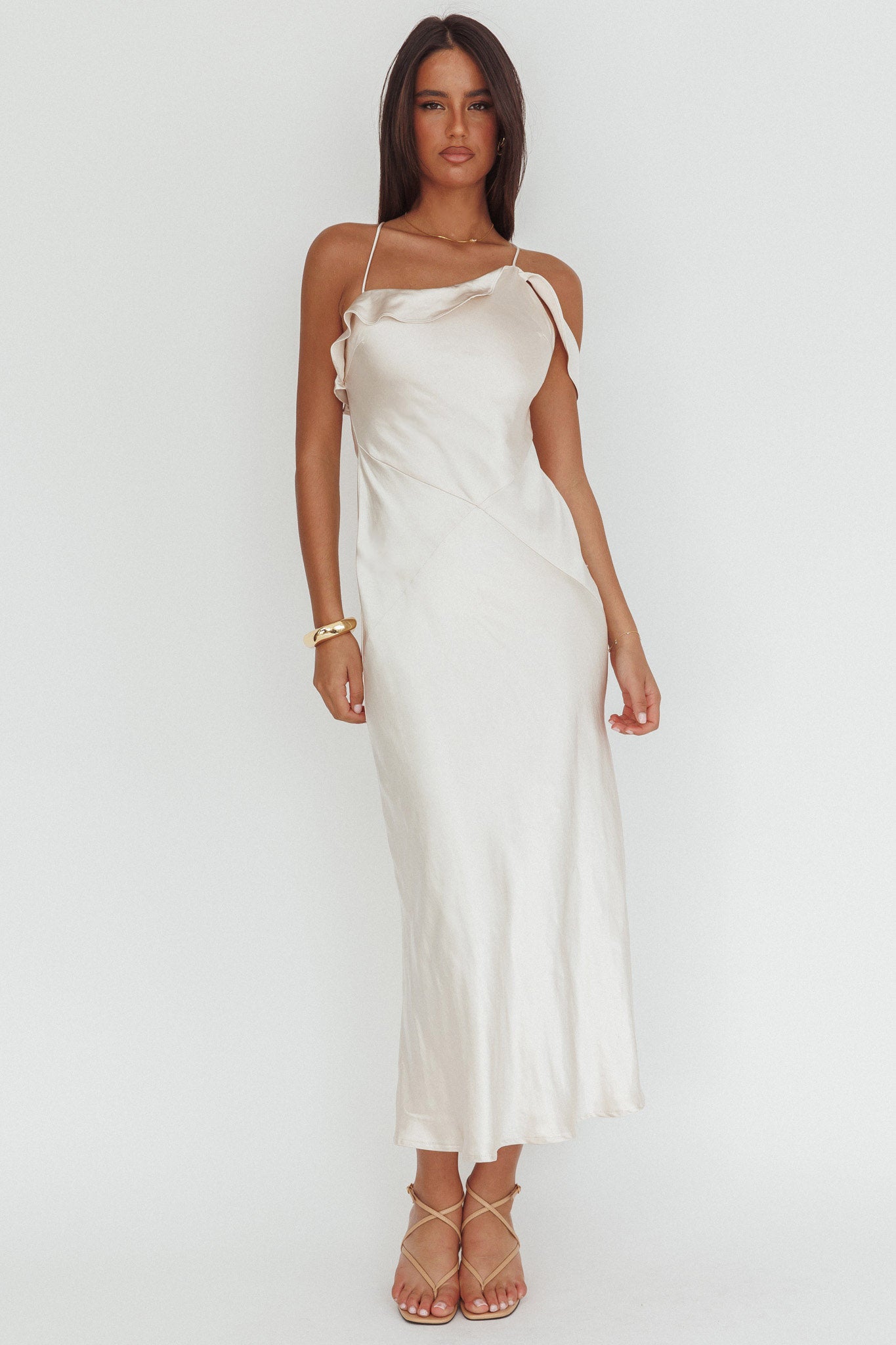 Lexington Draped Shoulder Criss-Cross Back Maxi Dress Oyster by Selfie Leslie Australia