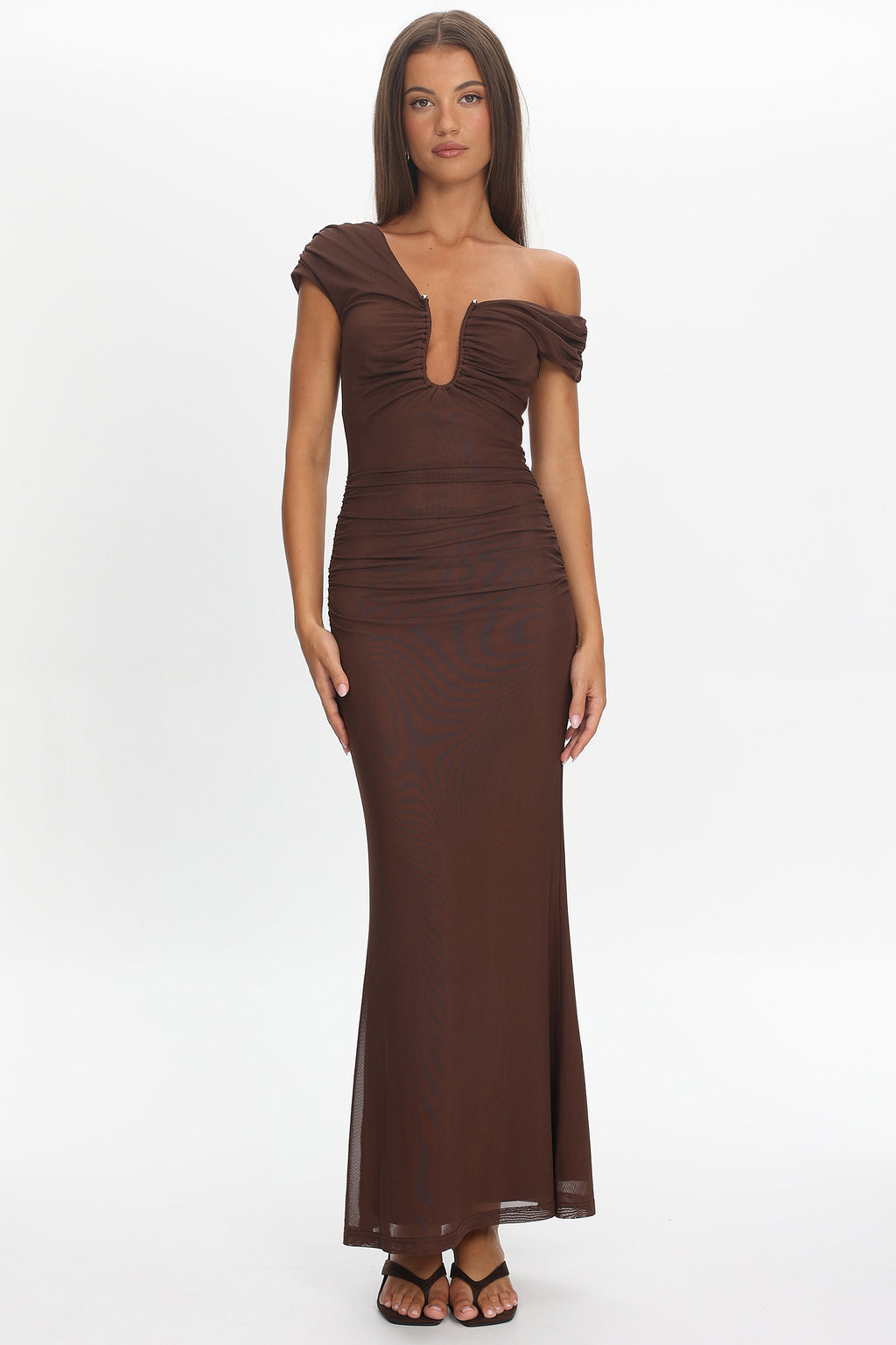 Raeva Ruched U-Neckline Maxi Dress Chocolate by Selfie Leslie Australia