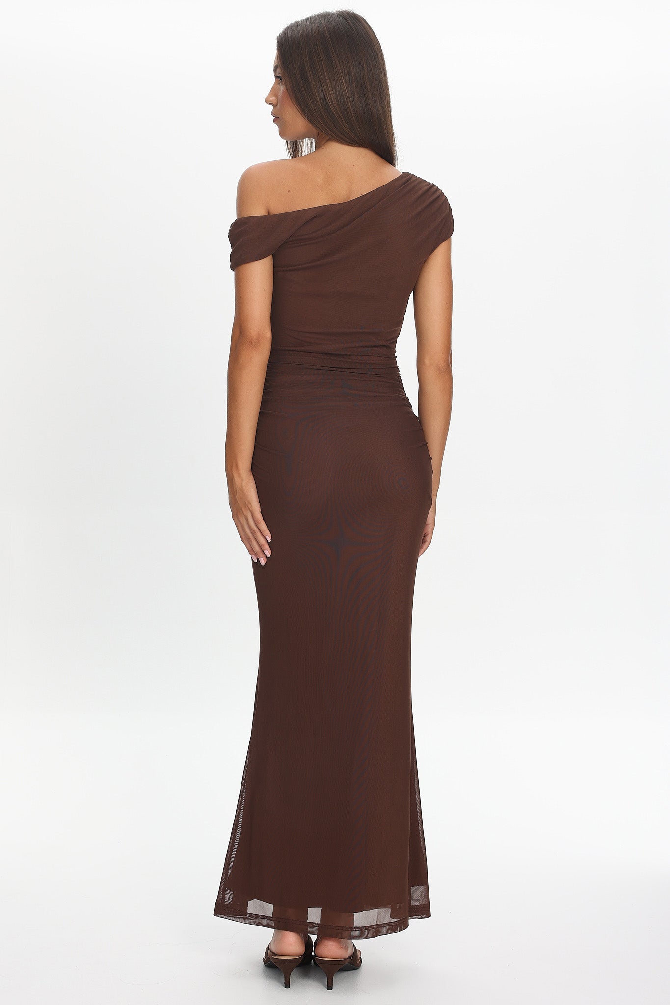Raeva Ruched U-Neckline Maxi Dress Chocolate by Selfie Leslie Australia