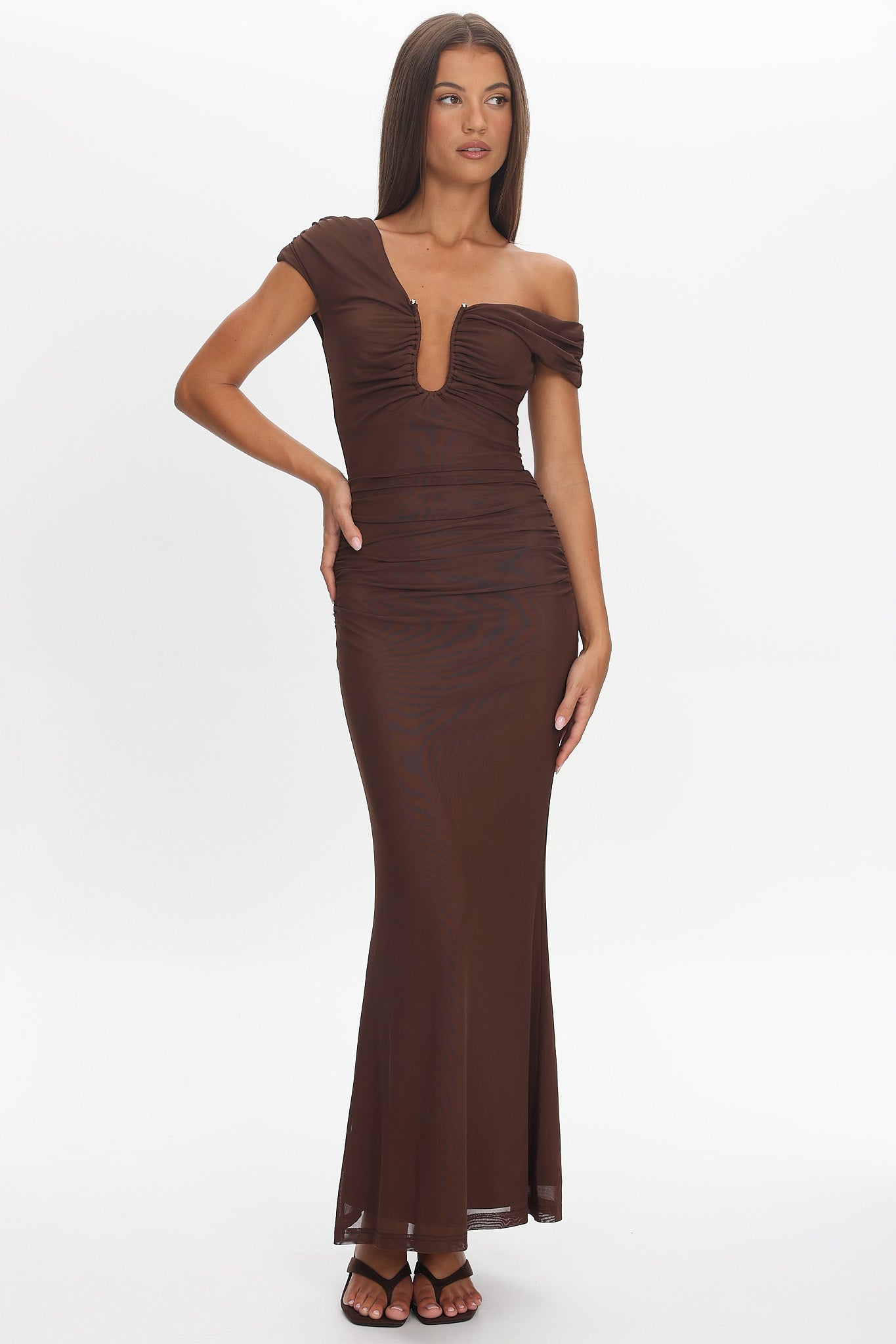 Raeva Ruched U-Neckline Maxi Dress Chocolate by Selfie Leslie Australia