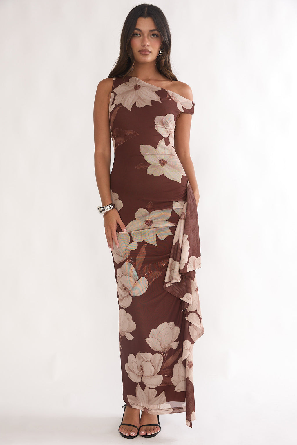 Raphaella Asymmetric Neckline Split Maxi Dress Magnolia Brown by Selfie Leslie Australia