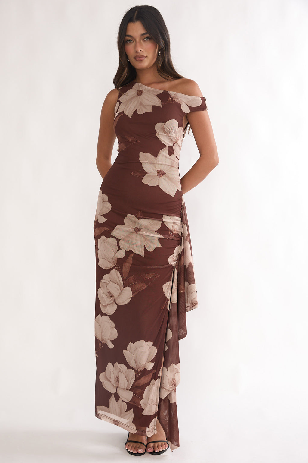 Raphaella Asymmetric Neckline Split Maxi Dress Magnolia Brown by Selfie Leslie Australia