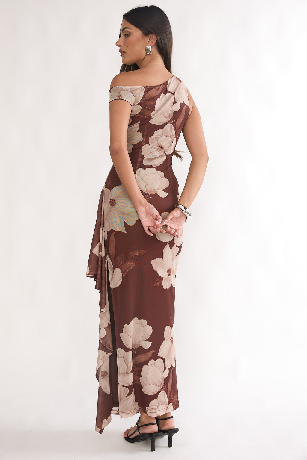 Raphaella Asymmetric Neckline Split Maxi Dress Magnolia Brown by Selfie Leslie Australia