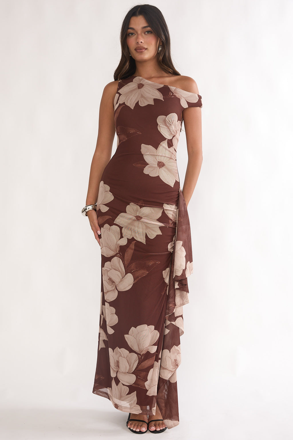 Raphaella Asymmetric Neckline Split Maxi Dress Magnolia Brown by Selfie Leslie Australia