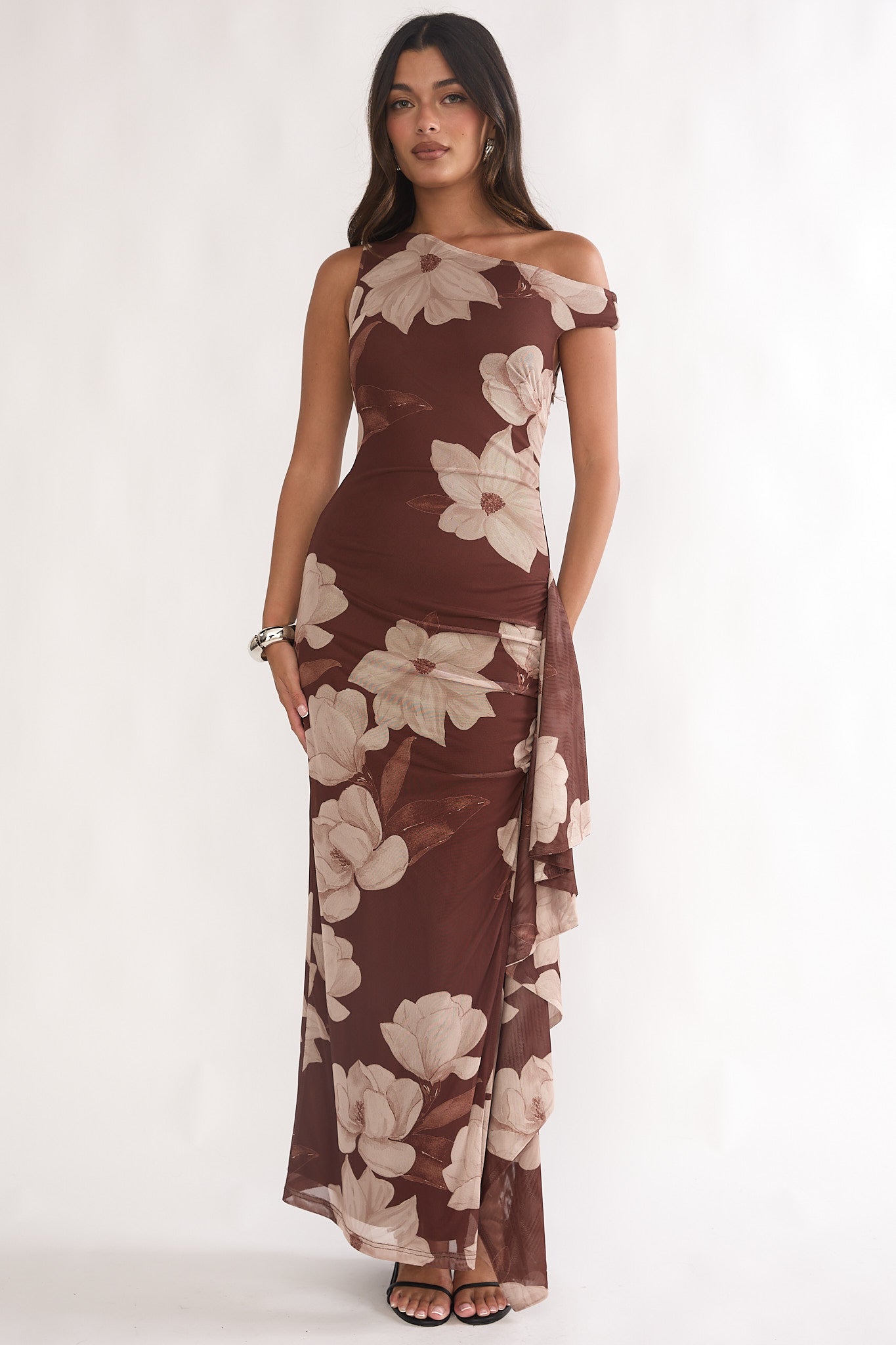 Raphaella Asymmetric Neckline Split Maxi Dress Magnolia Brown by Selfie Leslie Australia