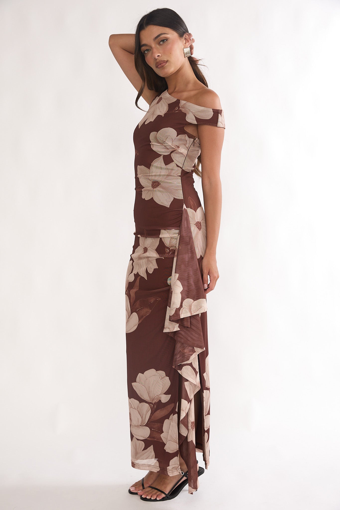 Raphaella Asymmetric Neckline Split Maxi Dress Magnolia Brown by Selfie Leslie Australia