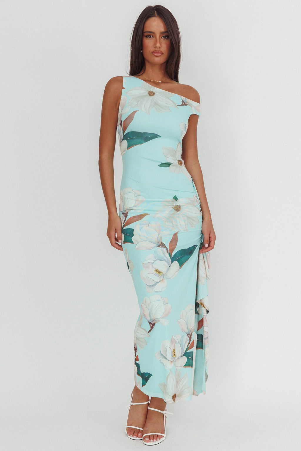 Raphaella Asymmetric Neckline Split Maxi Dress Magnolia Mint by Selfie Leslie Australia