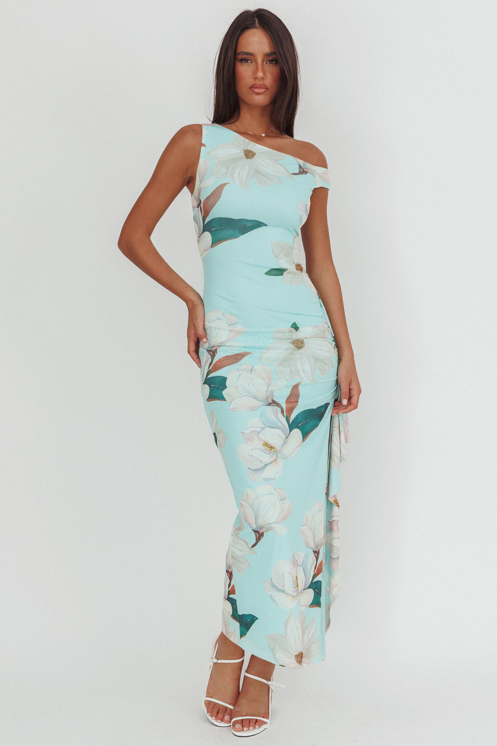 Raphaella Asymmetric Neckline Split Maxi Dress Magnolia Mint by Selfie Leslie Australia