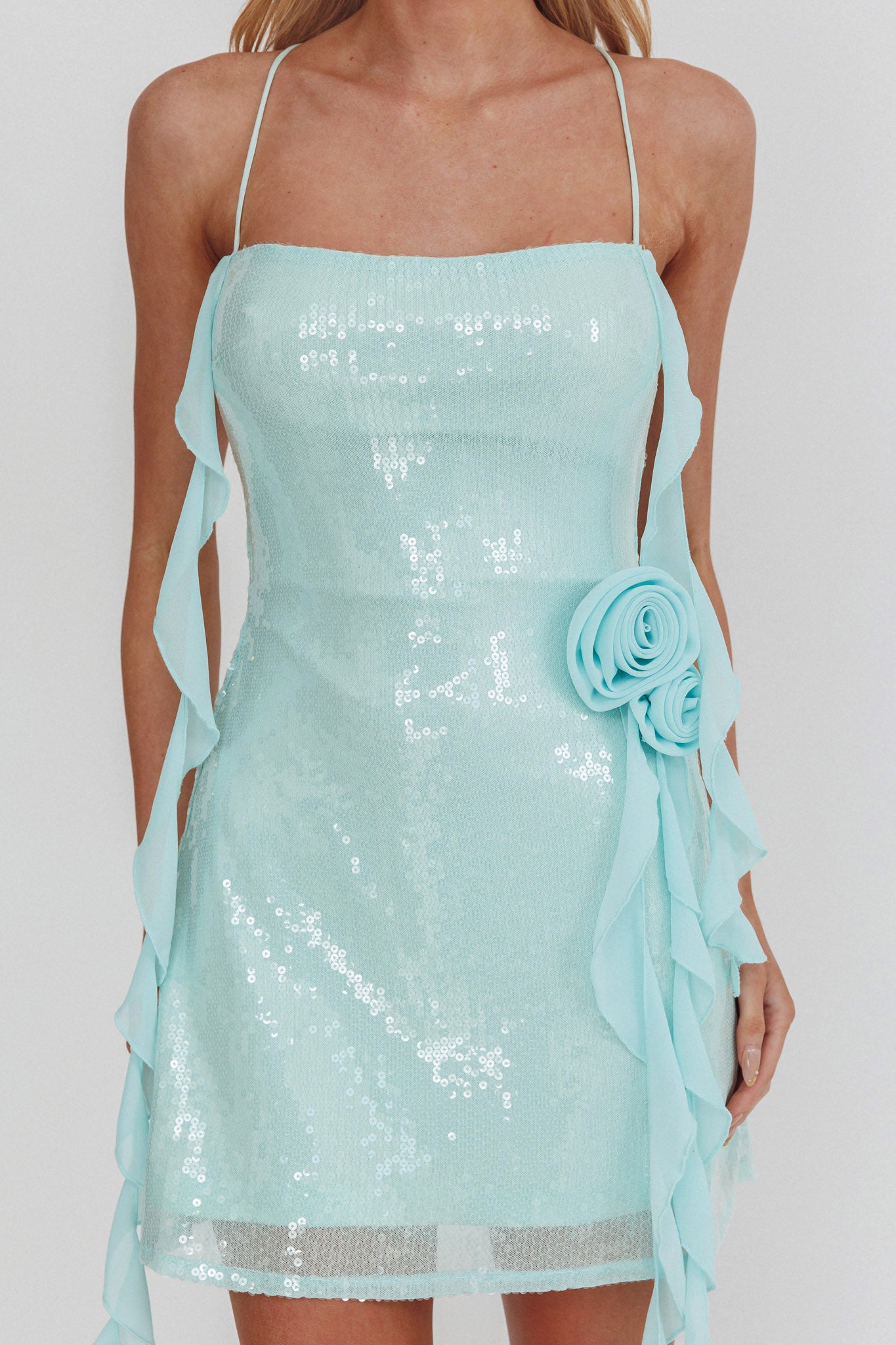 Standing Out Ruffle Rosette Trim Sequin Mini Dress Mint by Selfie Leslie Australia