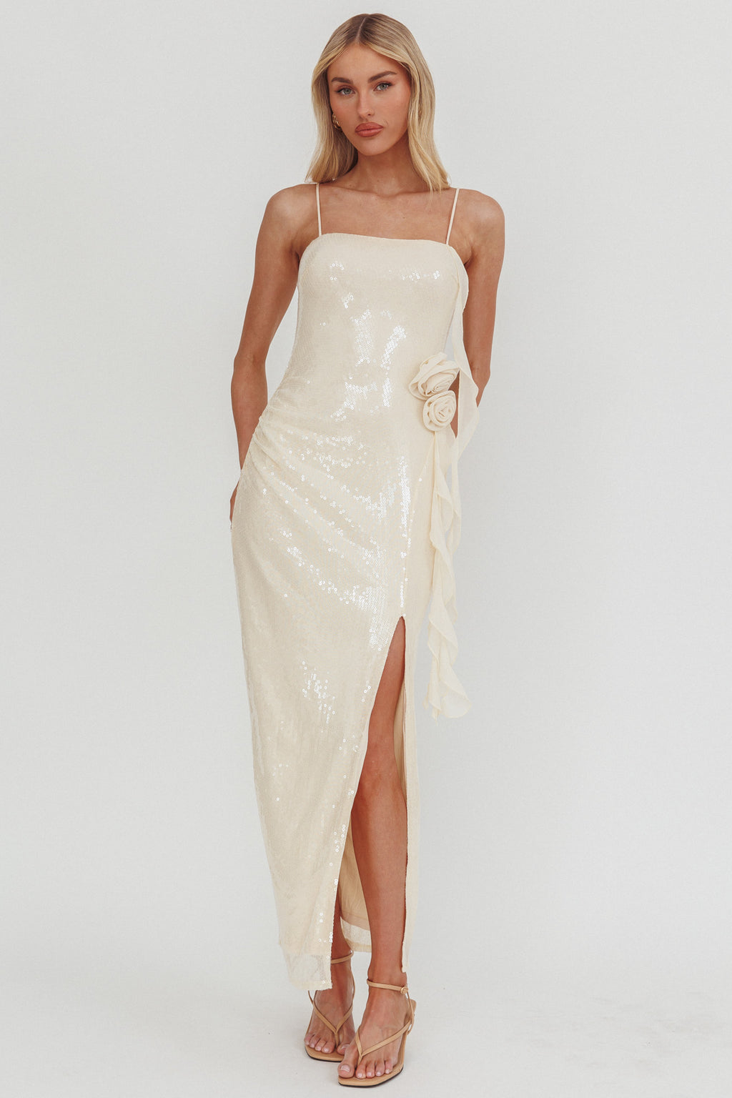 She Glows Cami Strap Sequin Maxi Dress Champagne by Selfie Leslie Australia