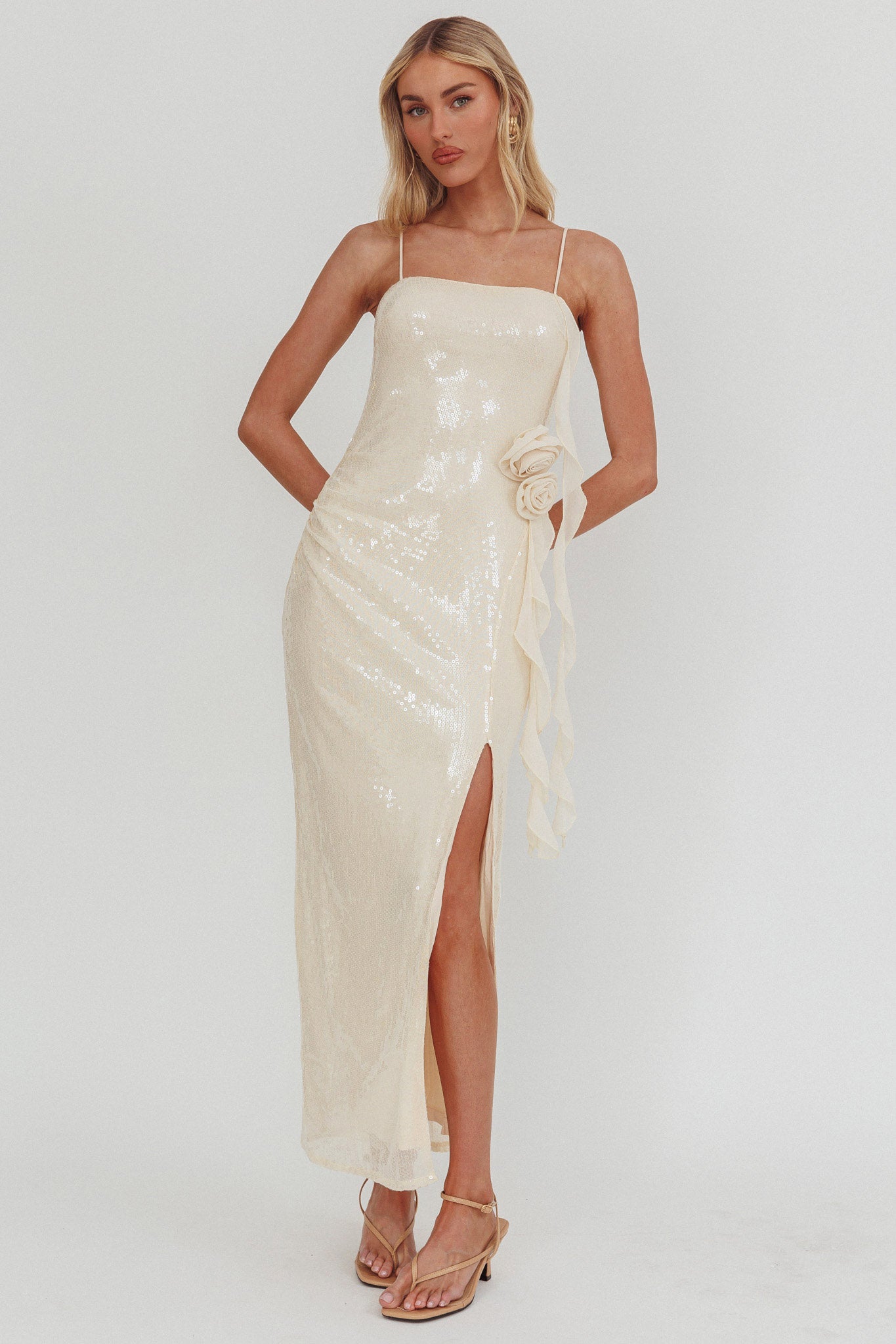 She Glows Cami Strap Sequin Maxi Dress Champagne by Selfie Leslie Australia