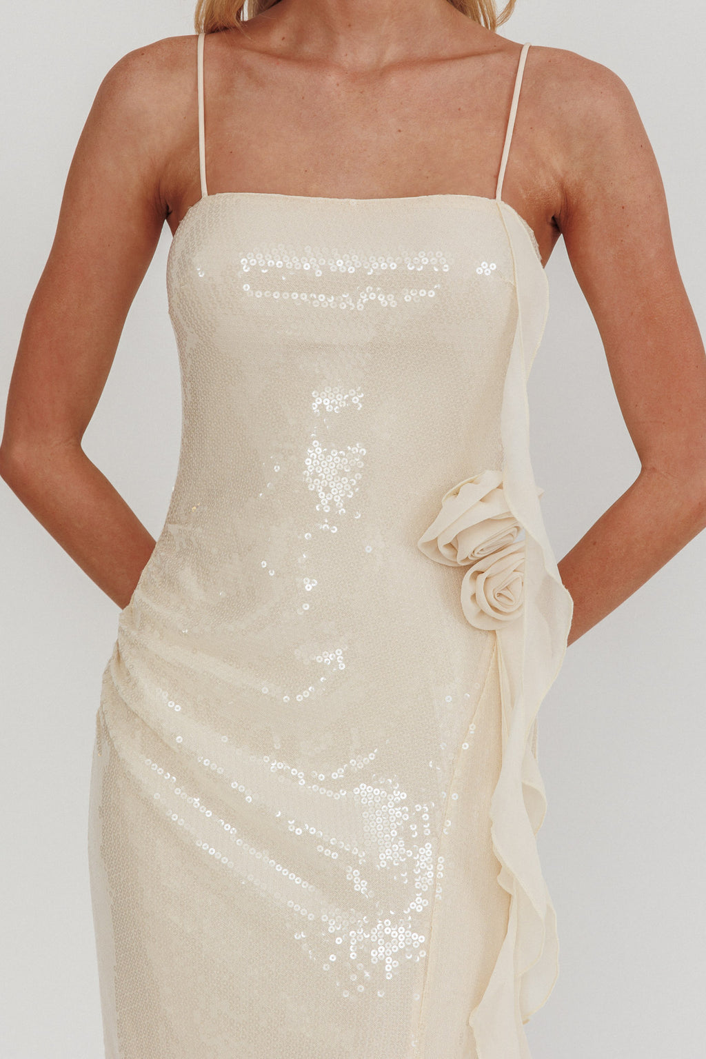 She Glows Cami Strap Sequin Maxi Dress Champagne by Selfie Leslie Australia
