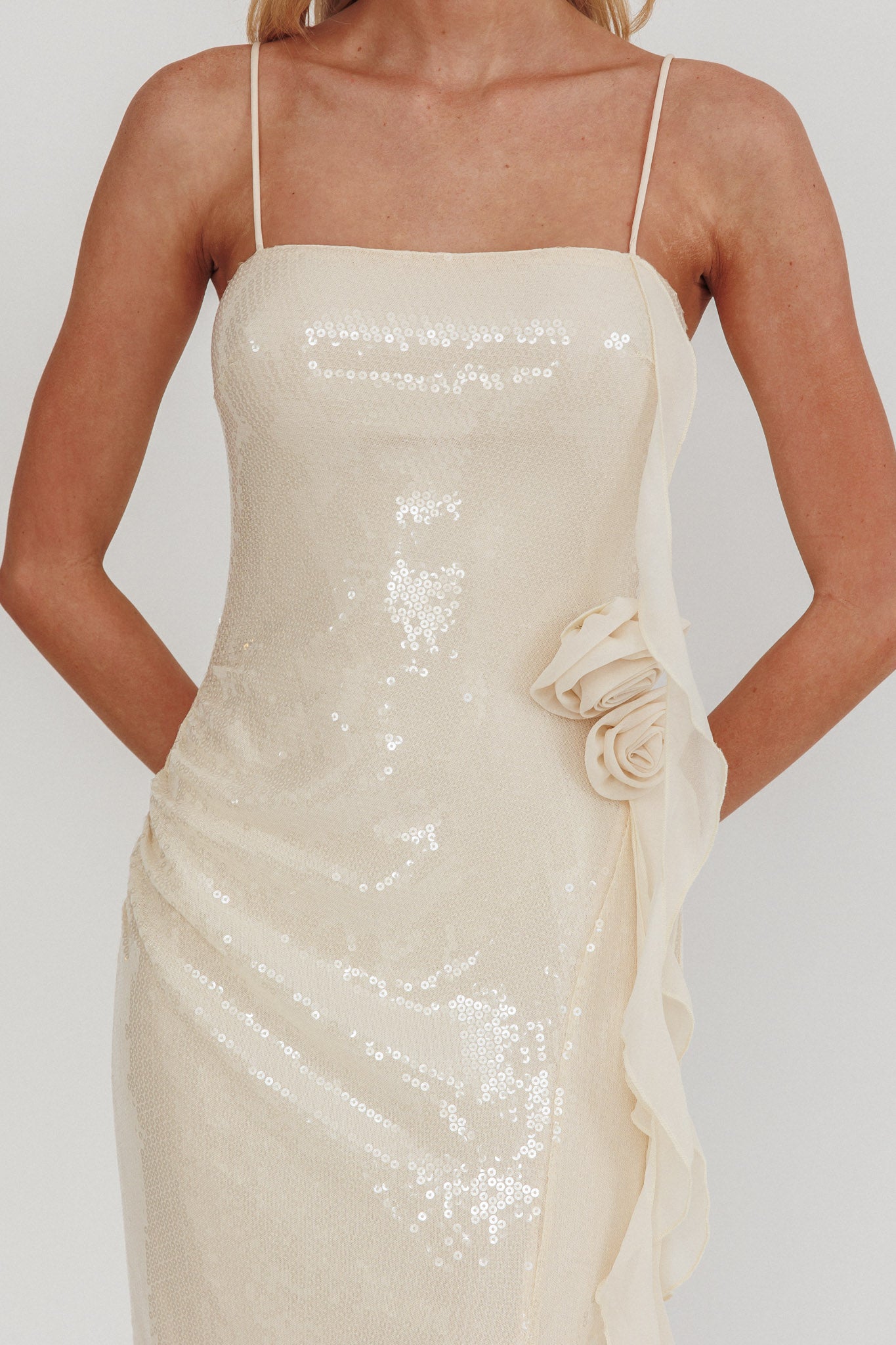 She Glows Cami Strap Sequin Maxi Dress Champagne by Selfie Leslie Australia