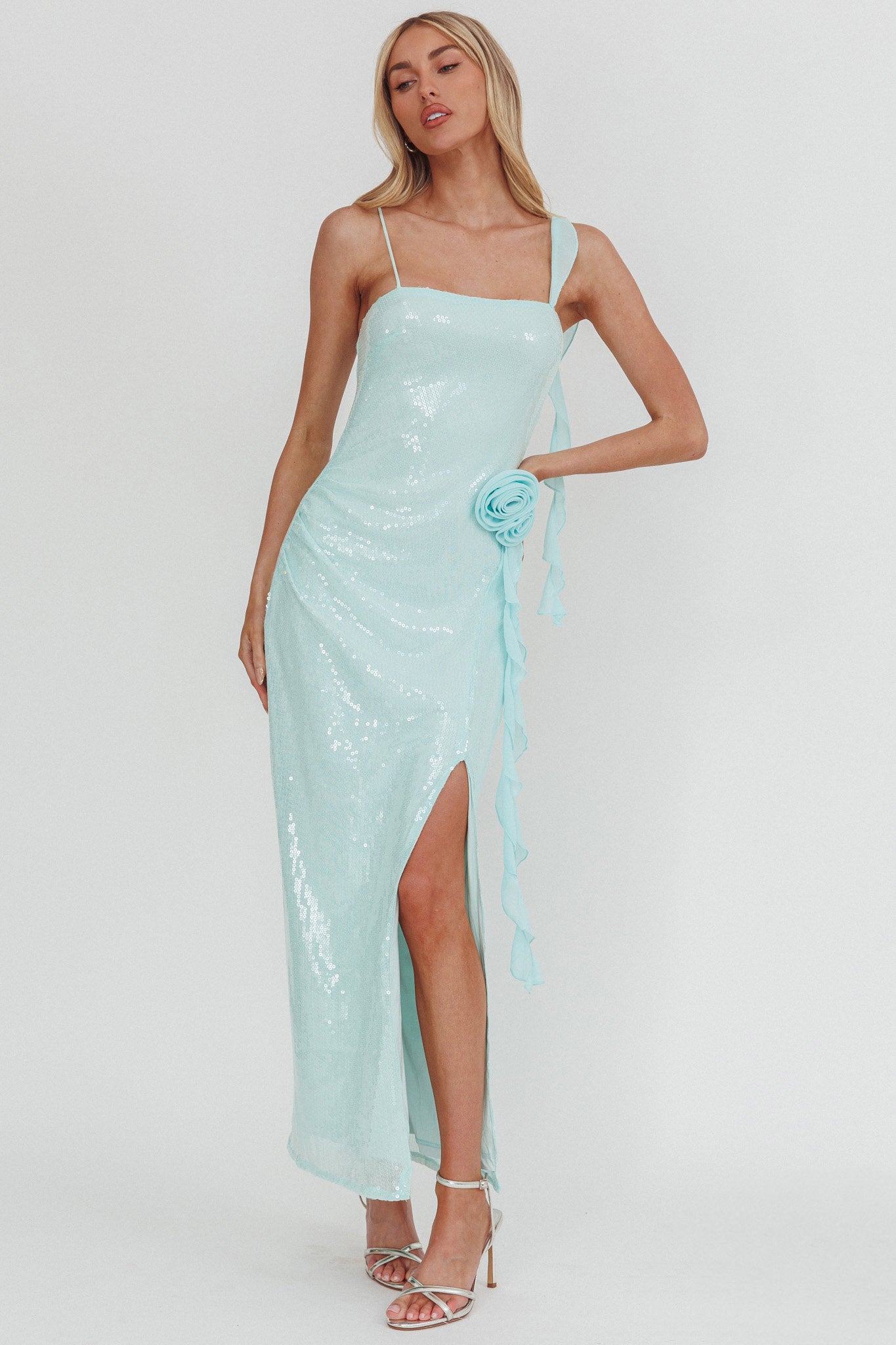 She Glows Cami Strap Sequin Maxi Dress Mint by Selfie Leslie Australia