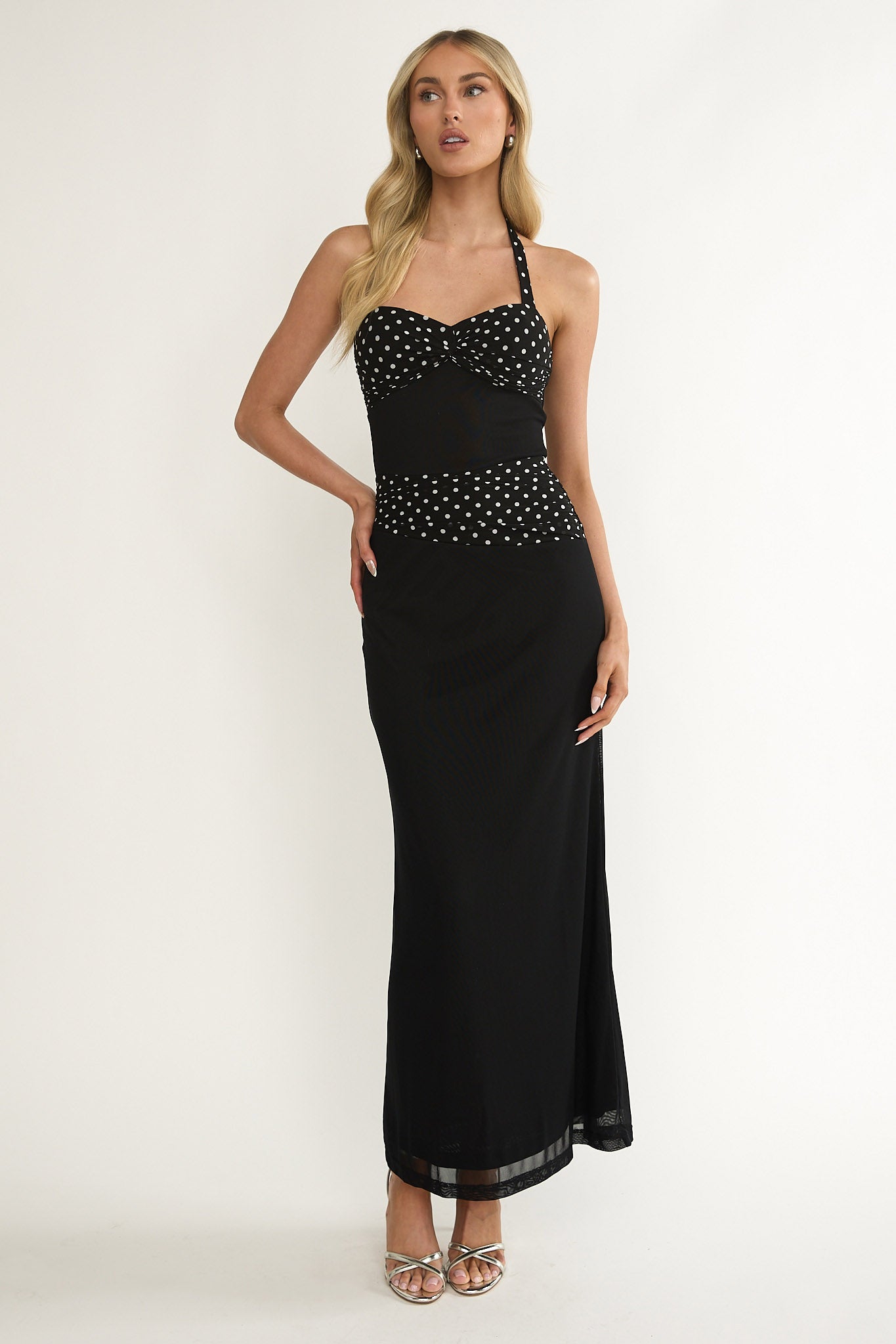 Swan Halterneck Ruched Waist Maxi Dress Black by Selfie Leslie Australia
