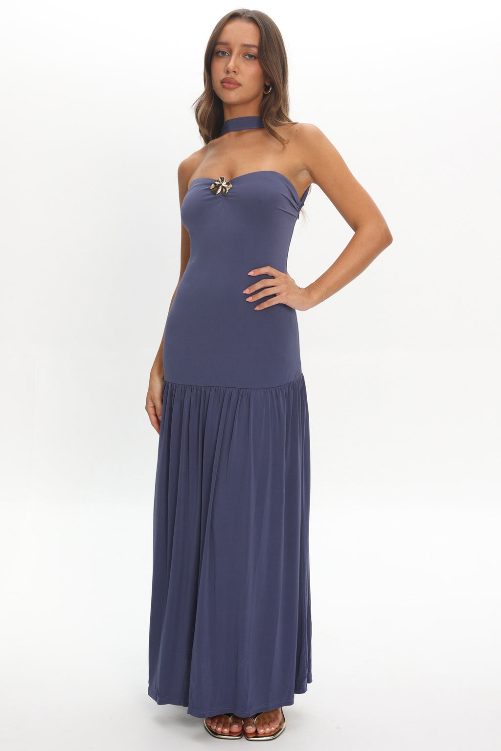 Ashana Drop Waist Halter Maxi Dress Taupe by Selfie Leslie Australia