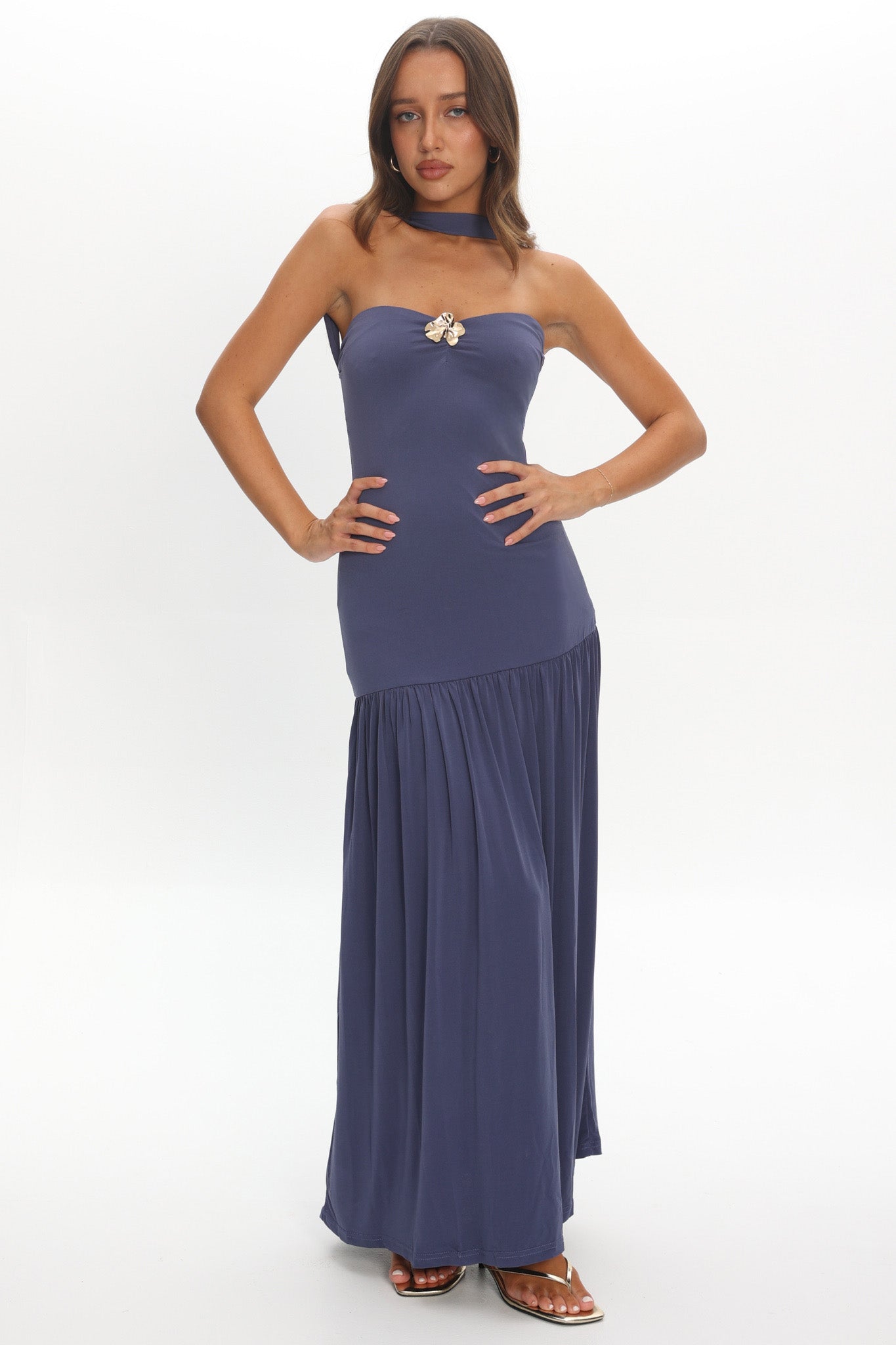 Ashana Drop Waist Halter Maxi Dress Taupe by Selfie Leslie Australia