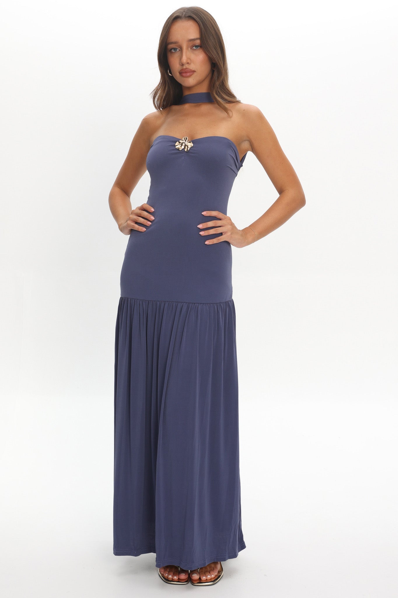 Ashana Drop Waist Halter Maxi Dress Taupe by Selfie Leslie Australia