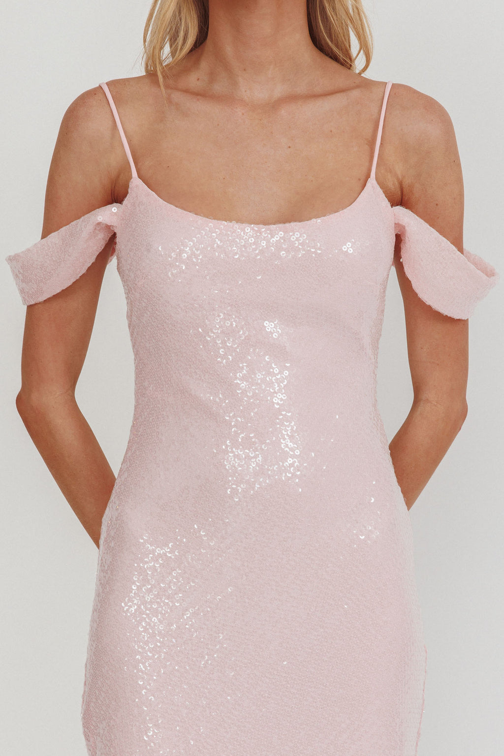 Madrid Sunset Off-Shoulder Sequin Maxi Dress Pink by Selfie Leslie Australia