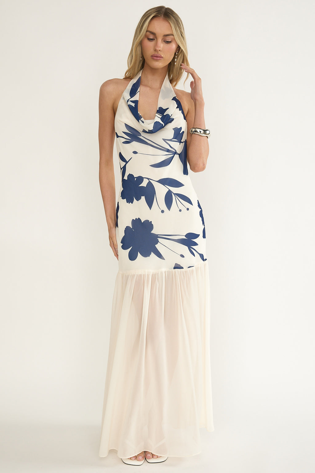 Omaria Cowl Halter Maxi Dress Floral Beige by Selfie Leslie Australia