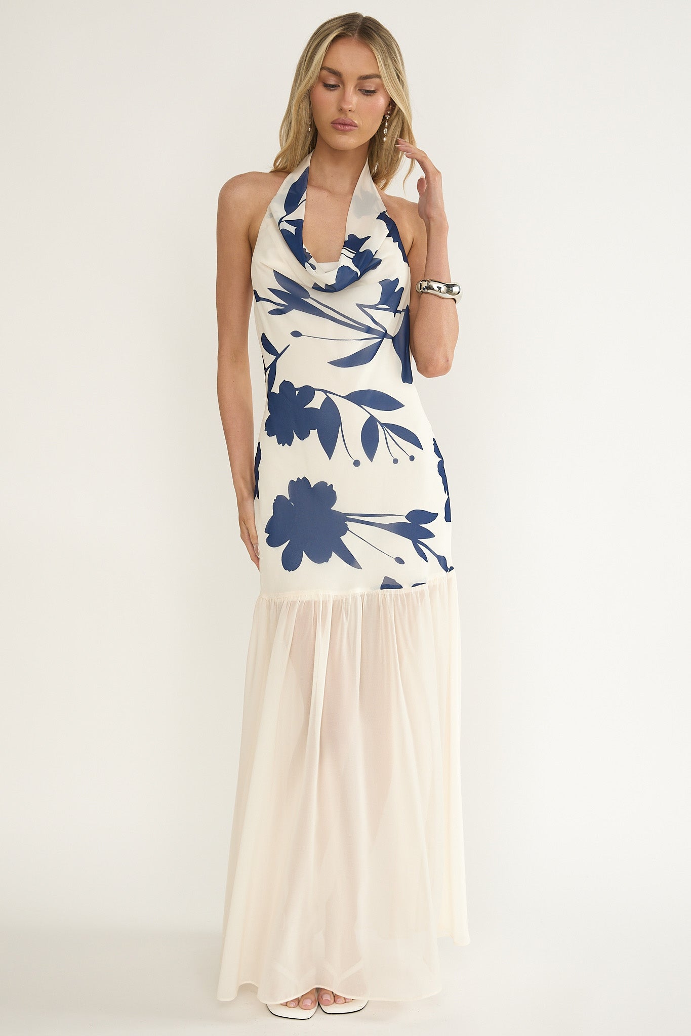 Omaria Cowl Halter Maxi Dress Floral Beige by Selfie Leslie Australia