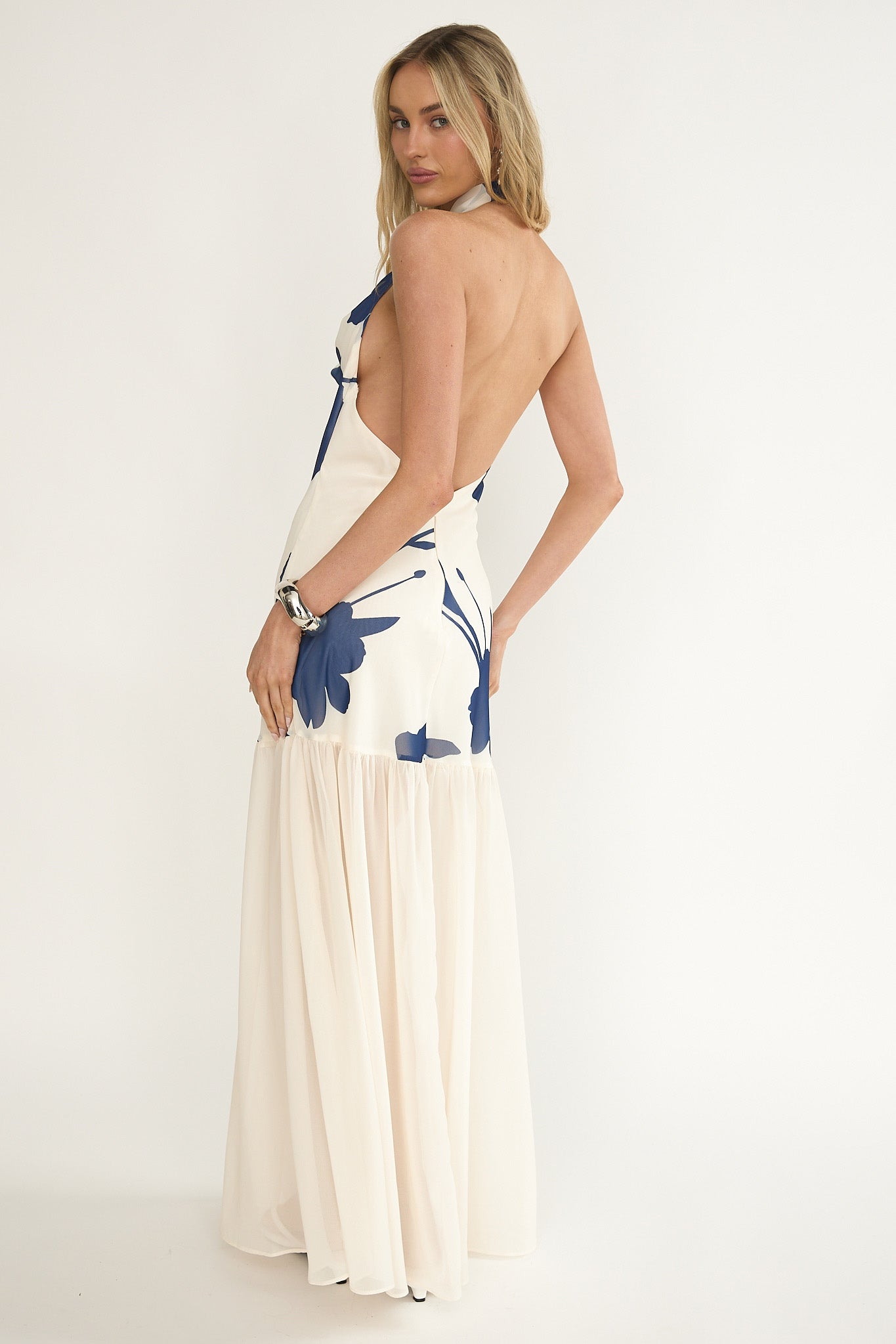 Omaria Cowl Halter Maxi Dress Floral Beige by Selfie Leslie Australia
