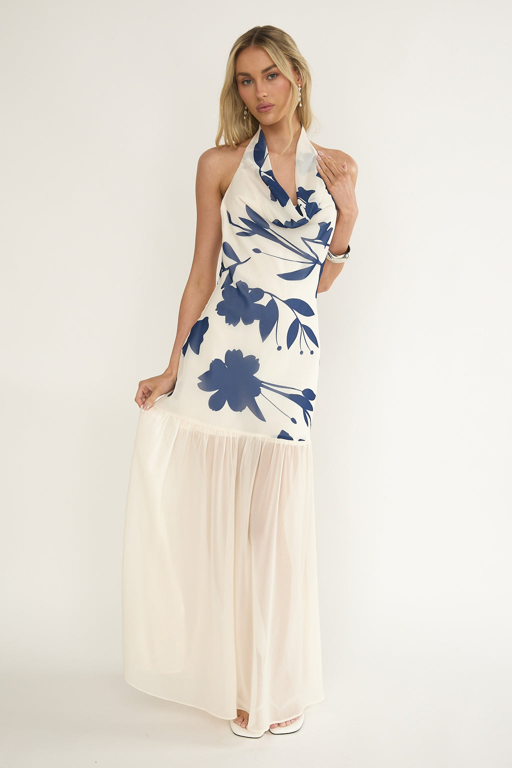 Omaria Cowl Halter Maxi Dress Floral Beige by Selfie Leslie Australia